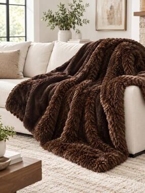 FRYE Arctic Luxe Faux Fur Throw Blanket Brown 60x70 New